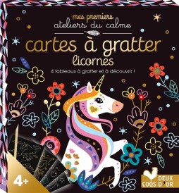 Cartes à gratter licornes ; mini-boîte avec acccessoires